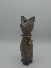 Vintage Handcarved Wooden Cat Figure with Necklace Brown 10.25