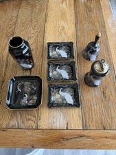 Vintage Shibata Japan Colibri Peacock Porcelain Smoking Set Vase Bell Ashtrays picture