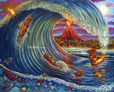 CBjork 12 x 16 Luster Print Hawaiian Surfing Fire meets Water Tiki Wave picture