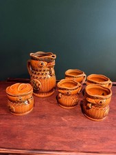 Vintage Japanese Pottery Owl Pitcher Jug Brown Glazed Retro Folk Art Mid-Century picture