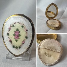 Antq La Mode Compact Guilloche Enamel Tear Drop Shape Double Vanity Powder Box picture