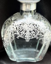 Antique Art Noveau Sterling Silver Overlay Glass Decanter Floral Flask Barware picture