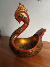 Large Vintage Russian Khokhloma Wooden Swan Bowl Kovsh Folk Art 1988 picture