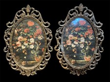 Vintage Oval Metal Ornate Frame Floral Pictures Made in Italy Brass 8x6” picture