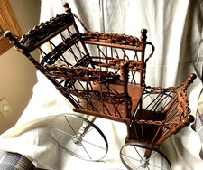 Rare Antique Wicker Rattam Doll Carriage Buggy Chair Early 1900’s Metal Wheels picture