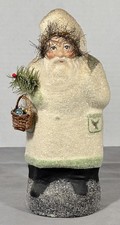 Seasons Gone By CML Paper Mache Santa White Coat Wicker Basket Ornaments 9” picture