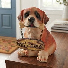 New Boxer Puppy Dog Welcome Sign Figurine Home Entryway Porch Decor 6 Inch picture