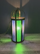 Vintage MCM Brutalist Stained Glass Cylinder Pendant Lantern Swag Lamp picture