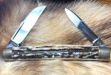 VINTAGE HEN & ROOSTER GUTMANN GERMANY STAG LONG PULL 2BLADE CONGRESS KNIFE 1980 picture