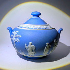 Wedgwood Blue & White Jasperware Sugar Bowl Matte w/ Lid Made in England picture