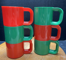 Vtg Set of 6 MCM Ingrid Chicago Stackable Plastic Party Mugs Red Green Holiday picture
