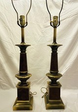 Vtg Pair Stiffel Table Lamps Brass Faux Burl Wood 33.5