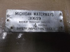 1953 Michigan Waterways DNR Safety Inspection Boat Tag License Maximum Capacity picture
