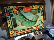 Vintage Schmidt Beer Sign Faux Stain Glass W/ HUGE Muskie Fish W Fishing Lure picture
