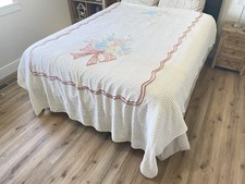 Vintage Chenille Bedspread Pastel Floral Bouquet Pink Bow Cottage Coverlet AS IS picture