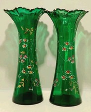 Antique Victorian Emerald Green Glass Vases Pair 8