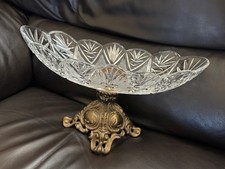VTG Oval Cut Crystal & Cast Metal Pedestal 13” Width Compote Center Piece Bowl picture