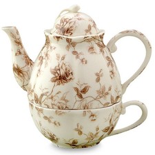 Grace Teaware Brown Toile 3 Piece Tea for One Gold Trimmed. Cream Porcelain picture