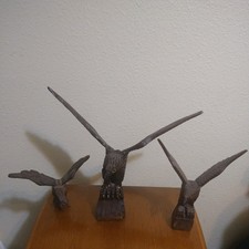Vintage 60s Larg  American Eagle Statue Sculpture Hand Carved Iron Wood lot of 3 picture