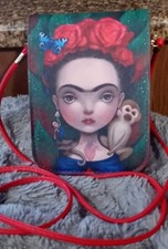 Frida Kahlo Illustrated Red Crossbody Handbag Brand New No Tags Vinyl & Fabric picture
