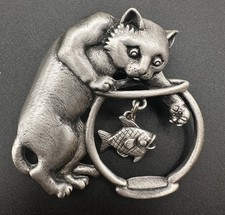 Vintage JJ Pewter Cat with Fish Bowl Brooch Pin picture