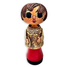 Vintage Gustavo Mexican Folk Art Turned Wood Doll Figurine 1960s Red MCM Style picture