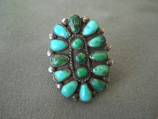 Native American Zuni Green & Blue Turquoise Petit Point Cluster Ster Silver Ring picture