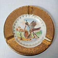 Vtg. Sabin Crest Of Gold 22k Ash Tray Rare Quail Pattern Mid-century picture