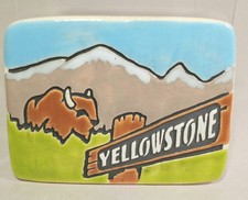 Vtg Yellowstone Ceramic Tile Souvenir Magnet Bison Buffalo Melware Ceramics Utah picture