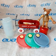 4 Vintage Fridge Magnets Radio Flyer Push Puppet Bear Tupperware Lid and Pitcher picture