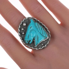 sz8.75 Vintage Navajo sterling silver Carved horse head turquoise ring picture