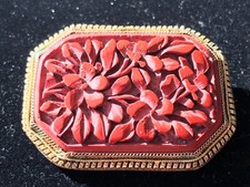 ANTIQUE CHINESE EXPORT GILDED SILVER CARVED LACQUER CINNABAR COLOR PIN BROOCH picture