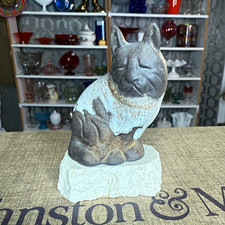 Signed Daga Cat Sculpture Vintage Studio Pottery Gray Blue Shawl Figurine 4” picture