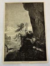 1883 magazine engraving ~ THE MOUNTAIN SPRITE fairy watches over sleeping man picture