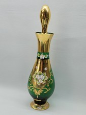 Vintage Victorian Glass Enameled Gilded Green & Gold Glass FLORAL Decanter picture