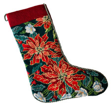 Vtg Handcrafted Wool Needlepoint Christmas Stocking Poinsettia Red Green White picture