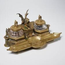 Antique Brass Gargoyle Double Inkwell Ink Bottle Pen Tray Desk Accessory Stand picture