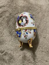 Hinged Ceramic Egg Gold Tone Flower Floral Print Trinket Box picture
