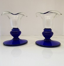 Vintage Pair Of Princess House Sapphire Crystal Cobalt Blue Taper Candleholders picture