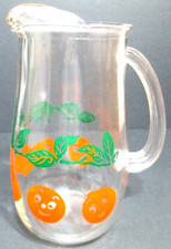 Vintage Orange Juice Glass Pitcher Ice Lip Spout Cute Faces 1 Quart picture