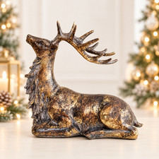 Bronze Ceramic Deer Figurine Reclining Stag Rustic Christmas Shelf Decor 10 Inch picture