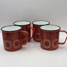 4 FINEL Arabia Coffee Mugs Cups Metal Enamel Red Birds Chickens Finland MCM VTG picture