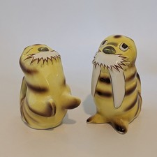 Vintage Norcrest Japan WALRUS Yellow & Brown Stripe Salt & Pepper Shakers H643 picture