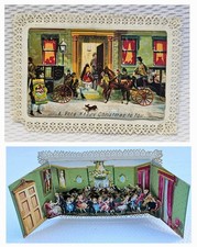 Antique 1870 Victorian Pop Up Christmas Card Dickensian Street Parlor Scene Rare picture