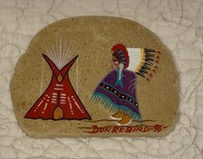 Vintage Don Redbird Kiowa Art Handpainted Flat Sandstone River Rock 5”Look picture
