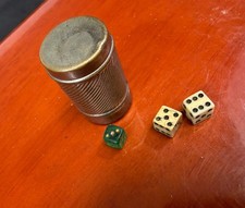 Vintage 3 Antique 1800s Miniature Bone Dice & Tin Storage Very Tiny picture