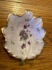 LEFTON CHINA FLORAL Violet LEAF SHAPED GOLD Trim Hand Painted Candy Dish Plate picture