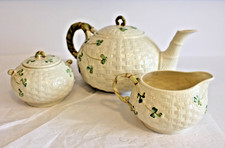Vintage Belleek Ireland Basketweave Shamrock Tea Set – Teapot, Creamer & Sugar  picture