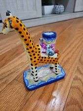 Vtg Mexican Folk Art Clay Giraffe Candleholder Izucar de Matamoros Birds 7.5” picture