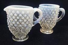 Vintage Fenton Opalescent Moonstone Hobnail Glass Creamer & Sugar Set~3.25